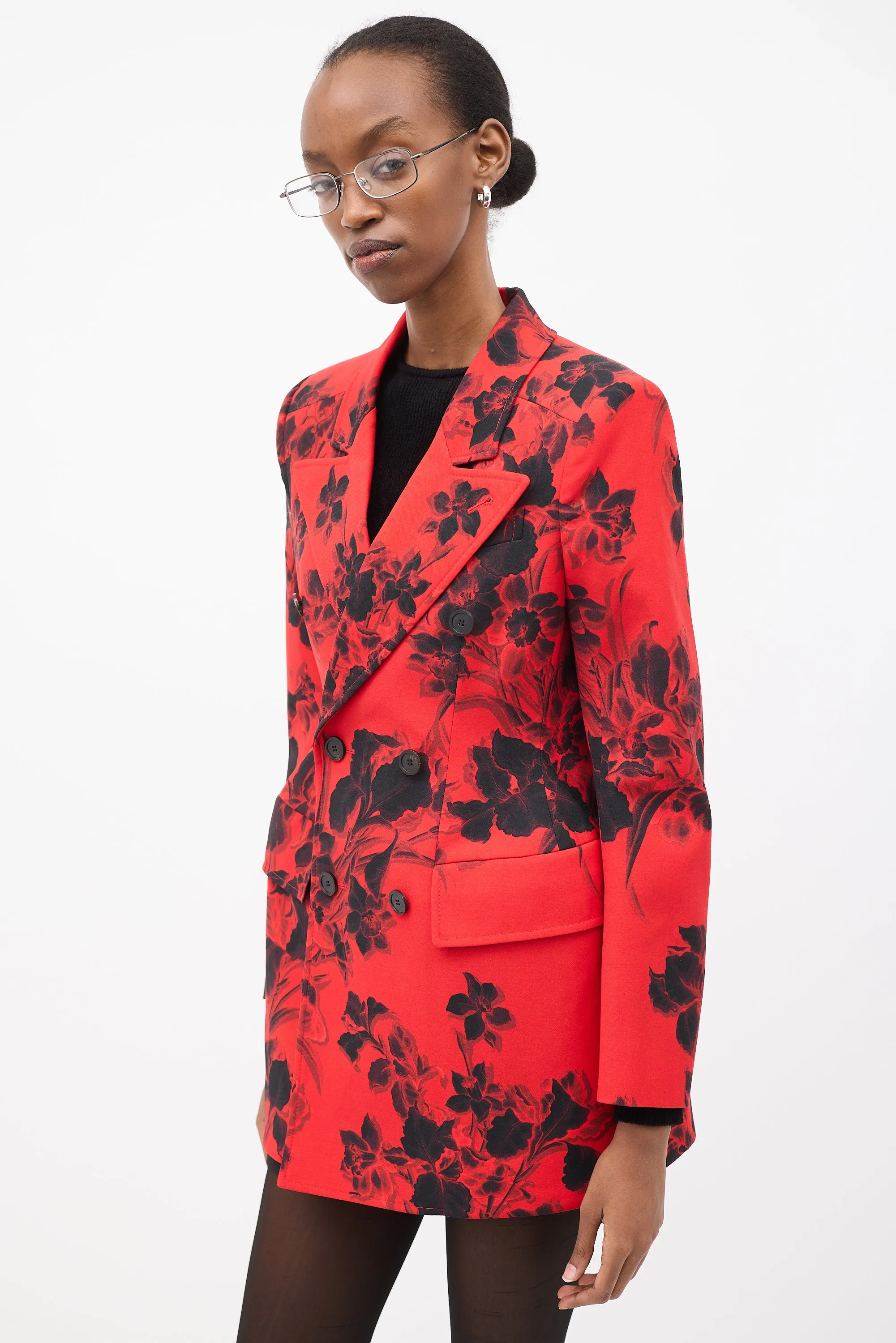 Red & Black Wool Floral Hourglass Blazer
