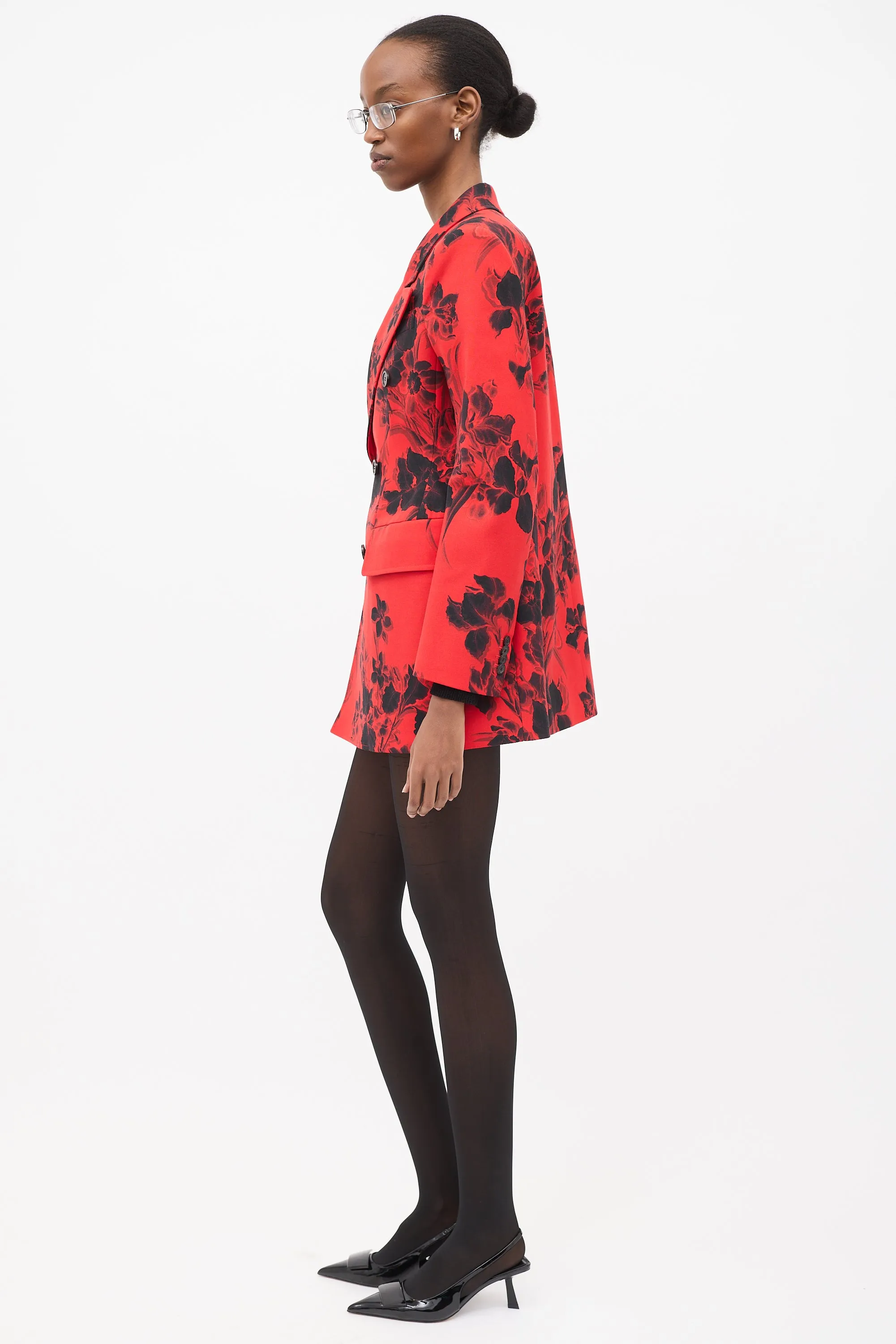 Red & Black Wool Floral Hourglass Blazer