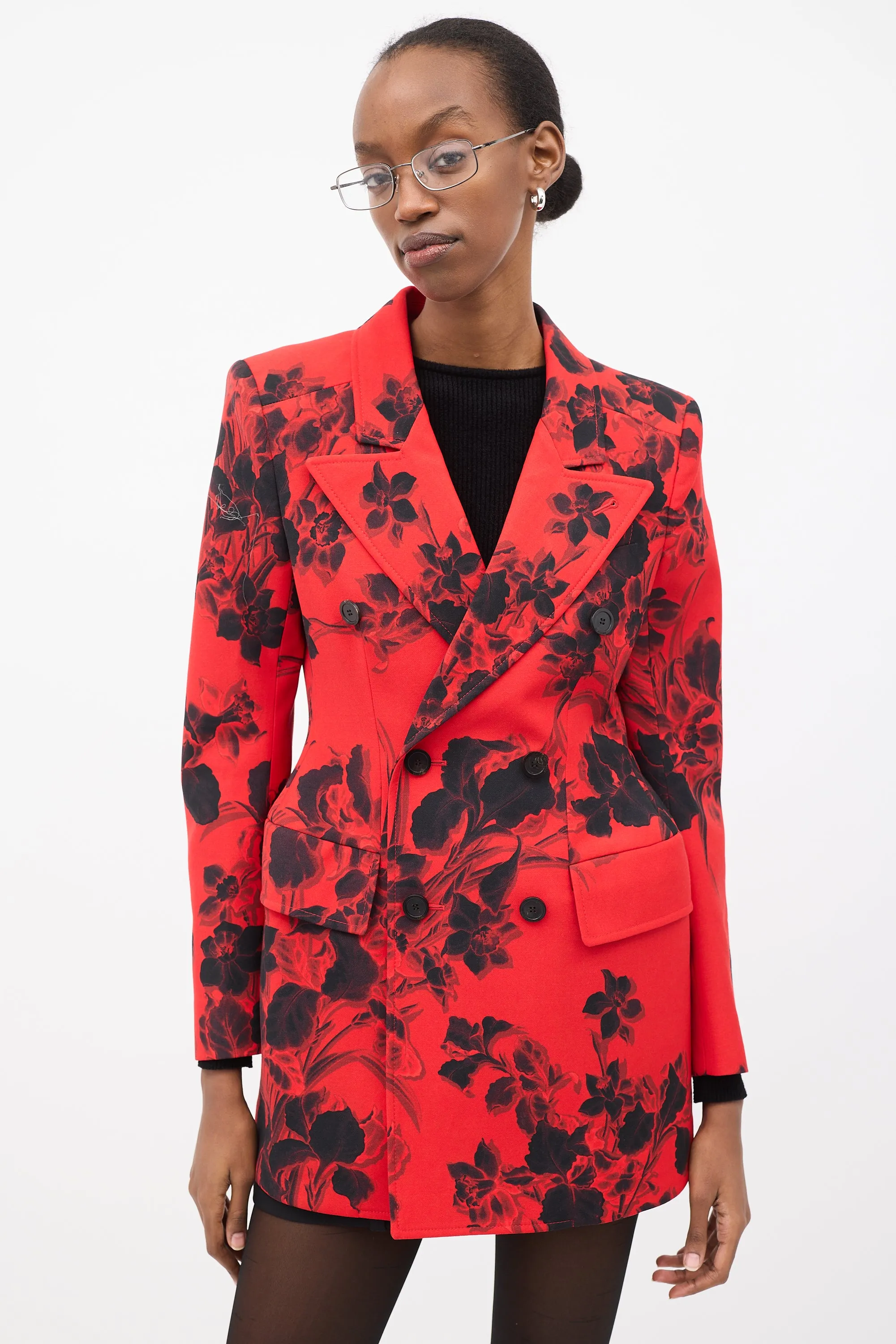 Red & Black Wool Floral Hourglass Blazer