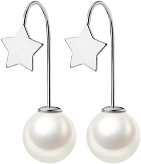 Reffeer Solid 925 Sterling Silver Pearl Drop Earrings Dangle for Women Pearl Dangle Earrings Star Drops