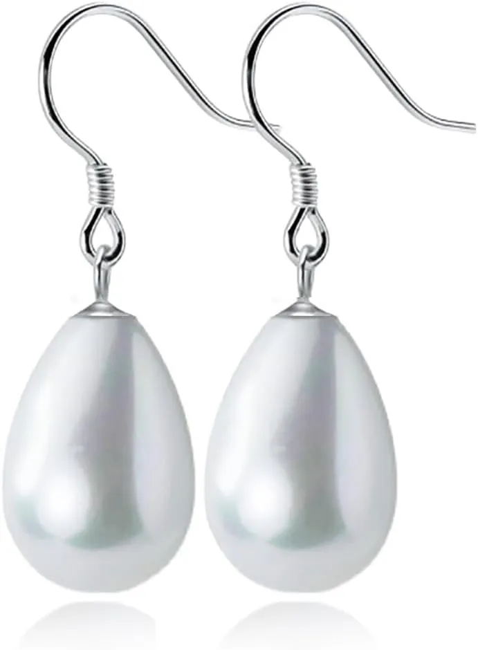 Reffeer Solid 925 Sterling Silver Pearl Drop Earrings Dangle for Women Teens Simulated Dangle Earrings Drops for Wedding Hooks