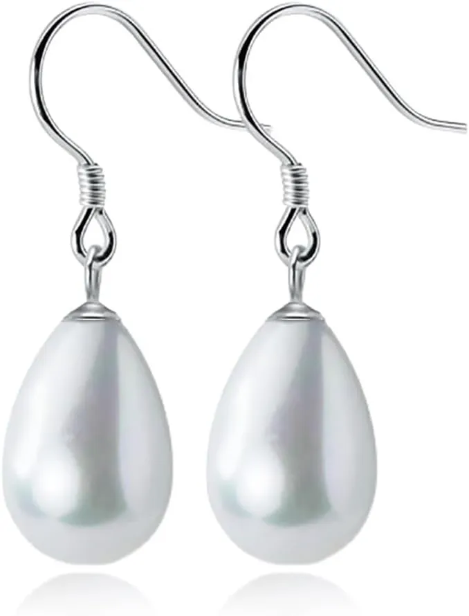 Reffeer Solid 925 Sterling Silver Pearl Drop Earrings Dangle for Women Teens Simulated Dangle Earrings Drops for Wedding Hooks