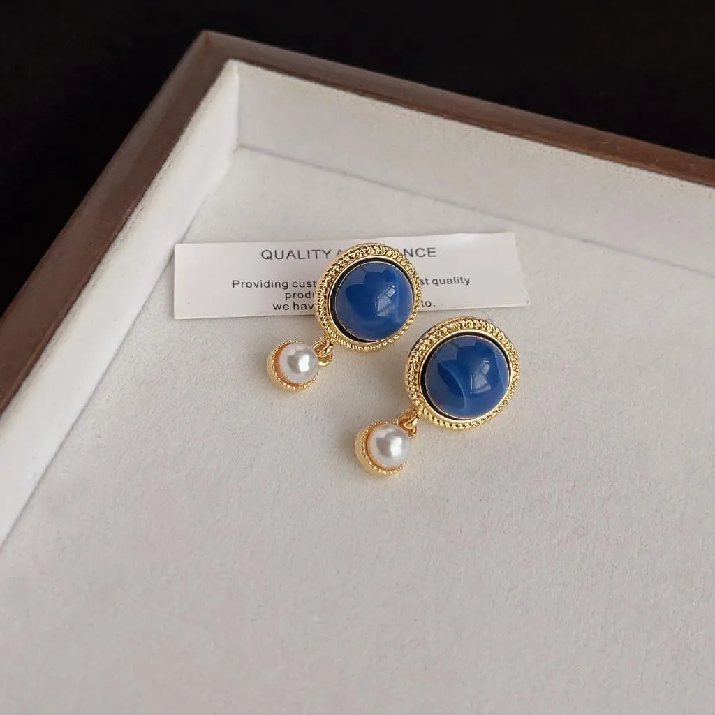 Retro Blue Pearl Earrings French Court Style