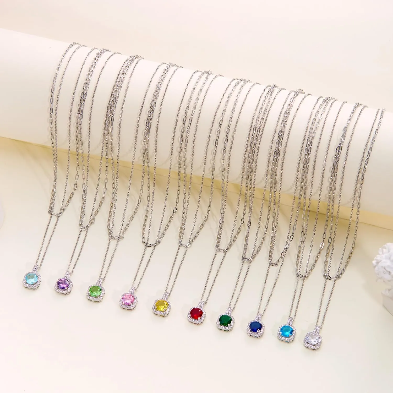 RINHOO Layered Birthstone Necklace for Women Paperclip Chain Necklace Classic Square Pendant Birthstone Necklace Birthstone Jewelry for Women
