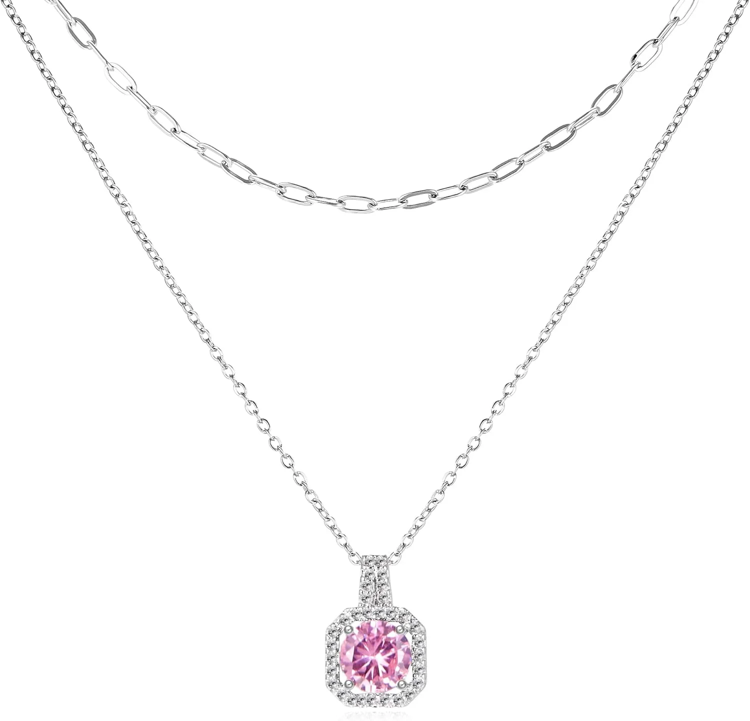 RINHOO Layered Birthstone Necklace for Women Paperclip Chain Necklace Classic Square Pendant Birthstone Necklace Birthstone Jewelry for Women