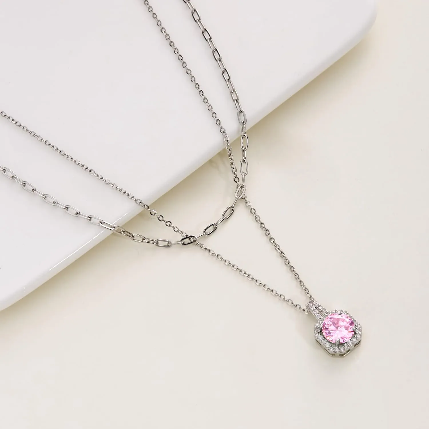 RINHOO Layered Birthstone Necklace for Women Paperclip Chain Necklace Classic Square Pendant Birthstone Necklace Birthstone Jewelry for Women