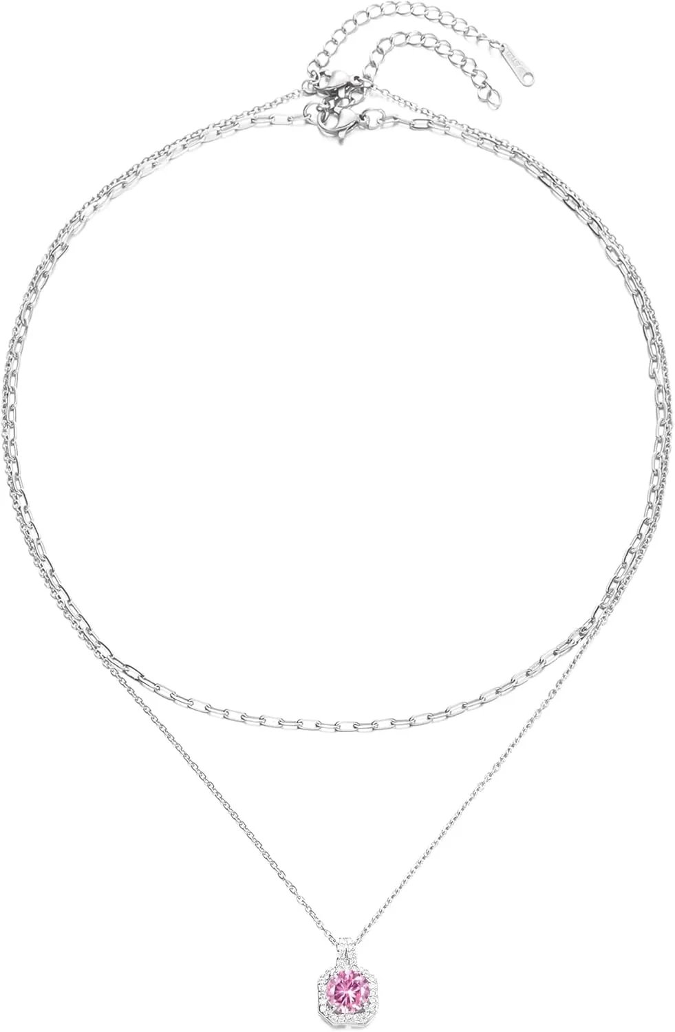 RINHOO Layered Birthstone Necklace for Women Paperclip Chain Necklace Classic Square Pendant Birthstone Necklace Birthstone Jewelry for Women