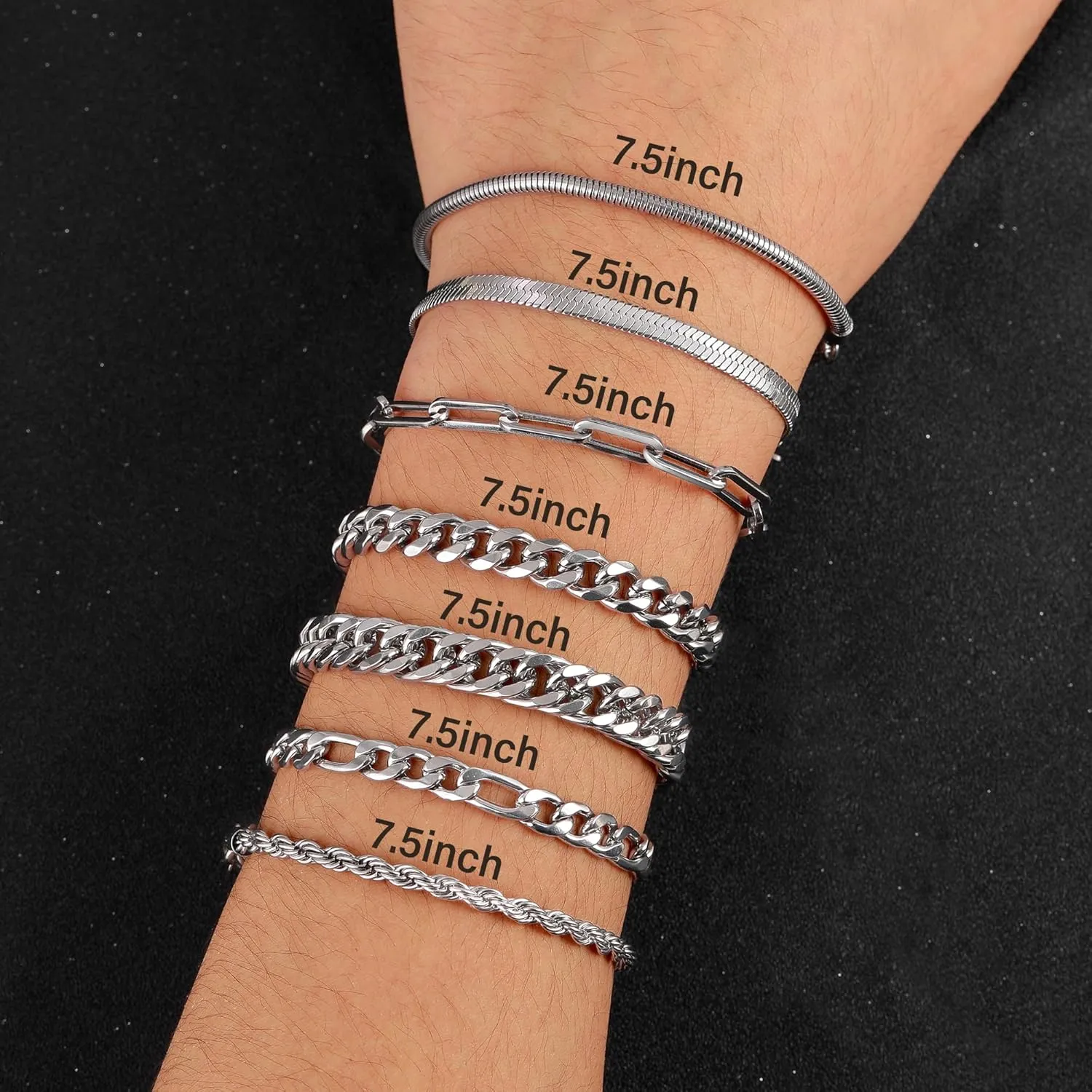 Ritach 4 Pcs Stainless Steel Bracelets for Men Women Cuban Link Bracelet Rope Paperclip Chain Bracelets Set 7.5/8.0/8.5 Inches Mens Metal Bracelets Silver Bracelets