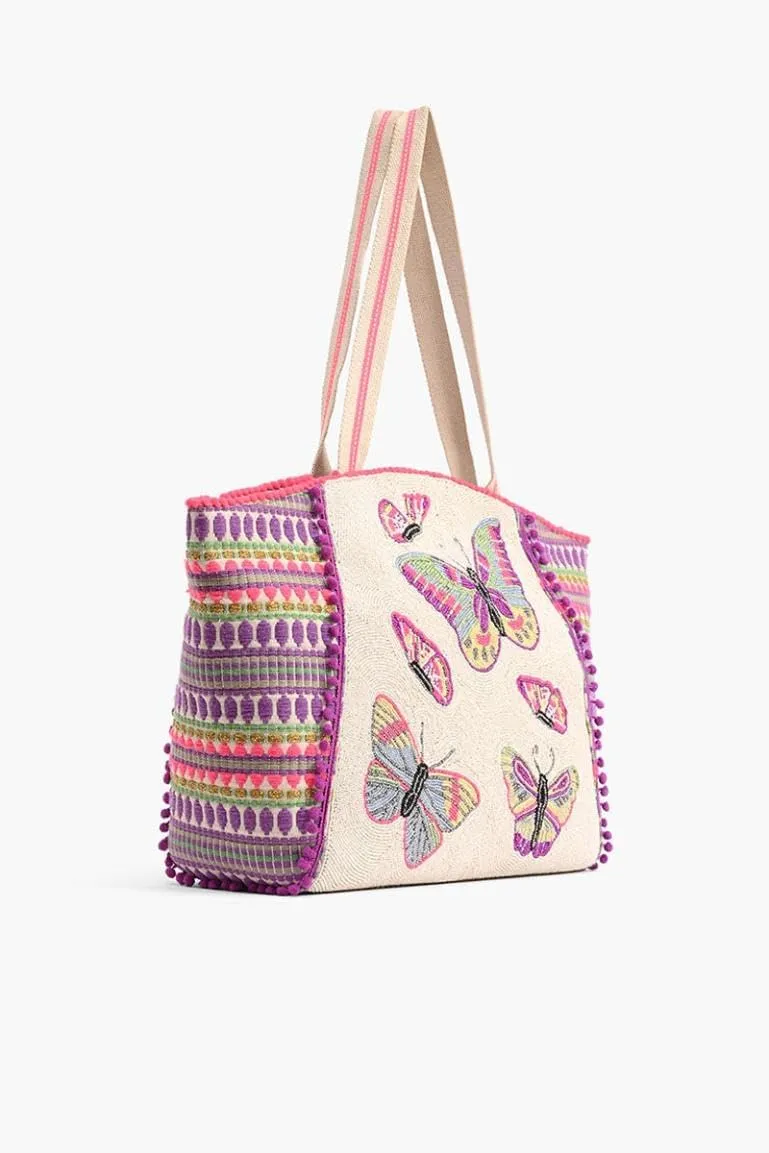 Rosebloom Butterfly Beaded Tote Bag Hobo Zip Handbag Pink Purple Cream NEW