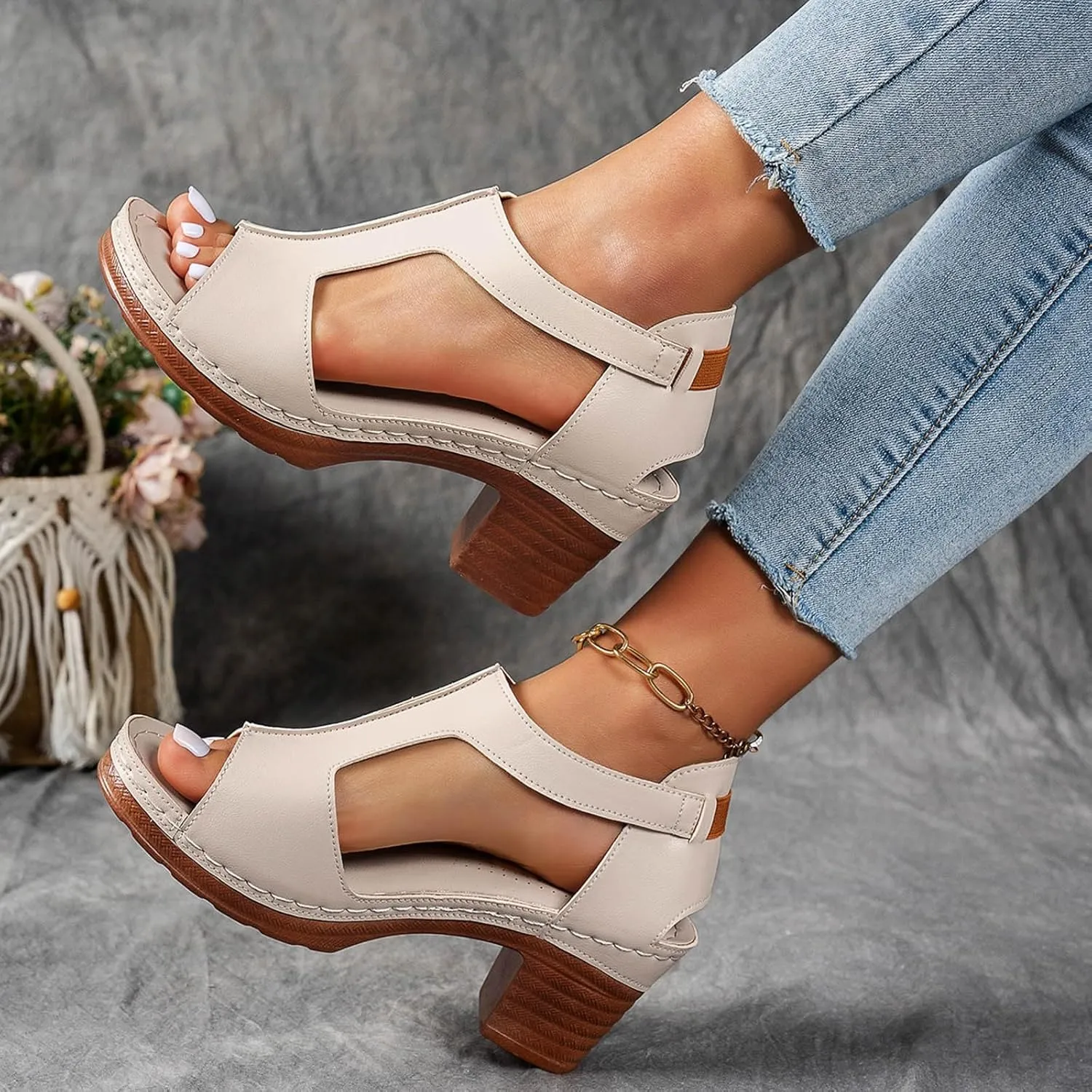 Sandals for Women Chunky Heel Ankle Strap Wedge Casual Slip On Beach Open Toe Summer Shoes High Heels Peep T-Strap Cutout Back Zipper Comfy Heeled Dressy Low Arch Support Vacation Sandal