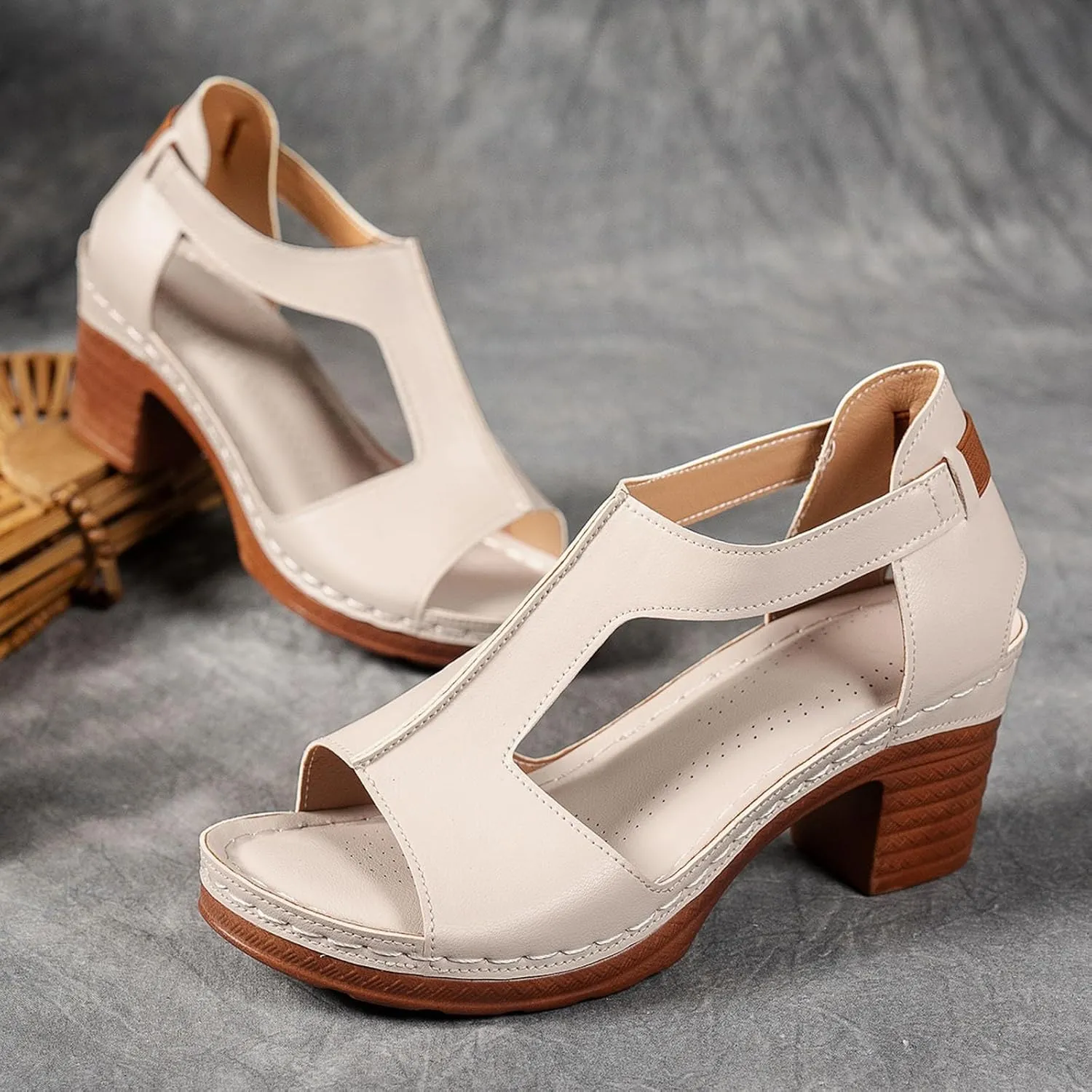 Sandals for Women Chunky Heel Ankle Strap Wedge Casual Slip On Beach Open Toe Summer Shoes High Heels Peep T-Strap Cutout Back Zipper Comfy Heeled Dressy Low Arch Support Vacation Sandal