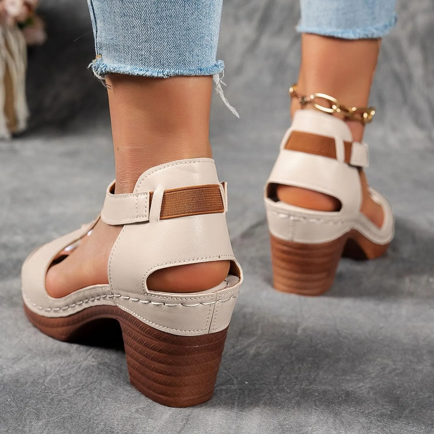 Sandals for Women Chunky Heel Ankle Strap Wedge Casual Slip On Beach Open Toe Summer Shoes High Heels Peep T-Strap Cutout Back Zipper Comfy Heeled Dressy Low Arch Support Vacation Sandal