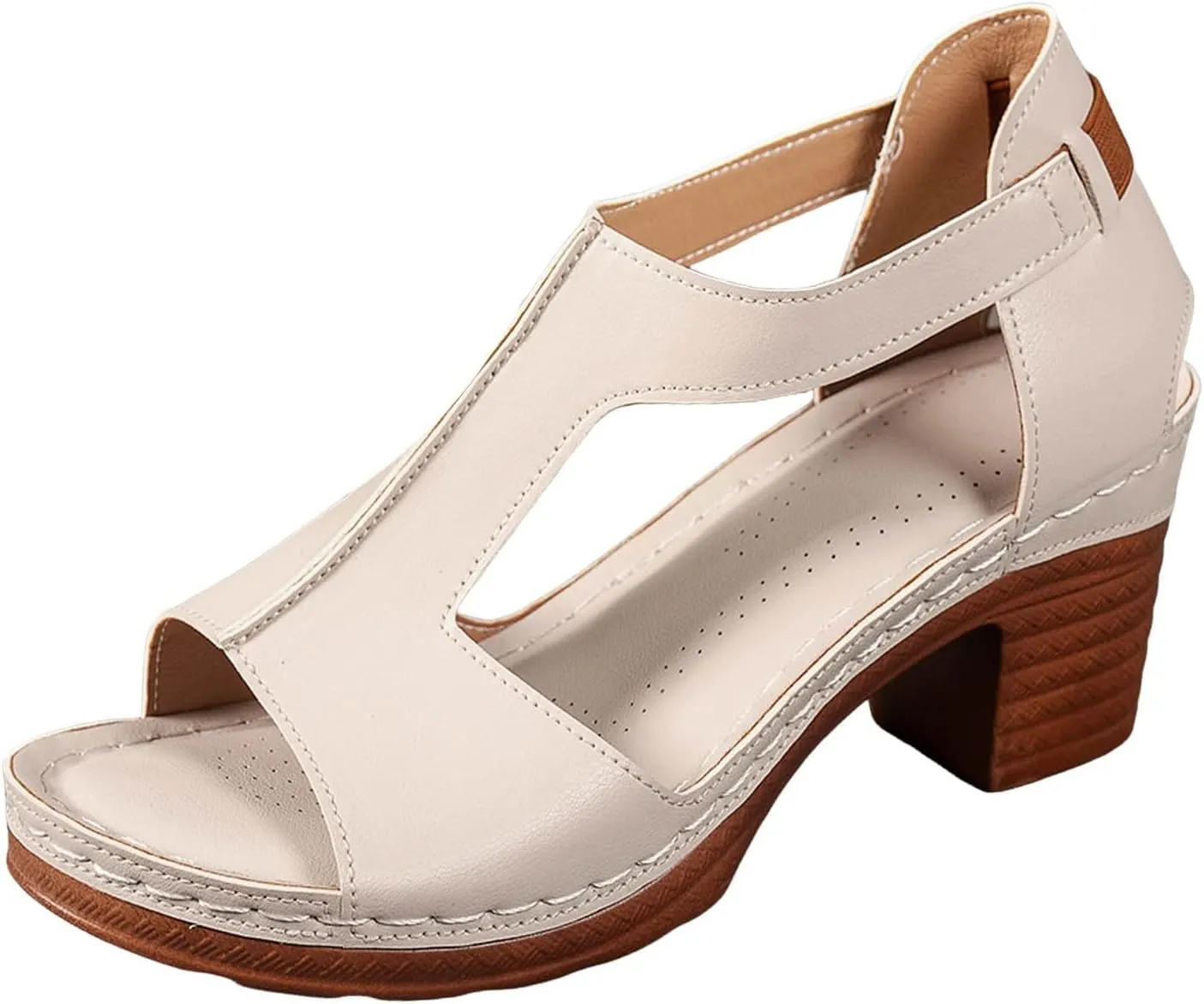 Sandals for Women Chunky Heel Ankle Strap Wedge Casual Slip On Beach Open Toe Summer Shoes High Heels Peep T-Strap Cutout Back Zipper Comfy Heeled Dressy Low Arch Support Vacation Sandal