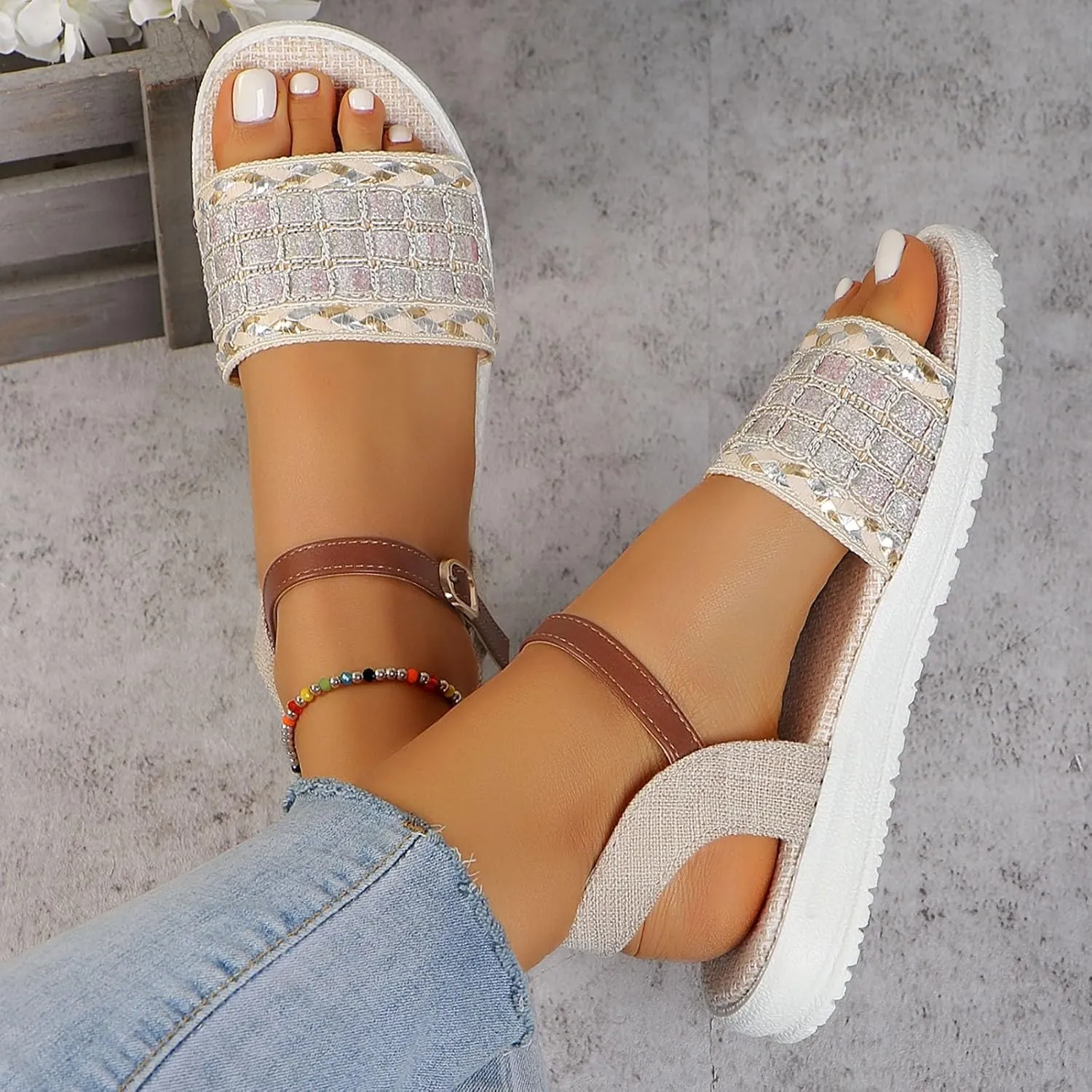 Sandals Women knitted Thick Sole Orthopedic Women's Sandals Summer Dressy Flats Casual Comfortable Platform Sandals