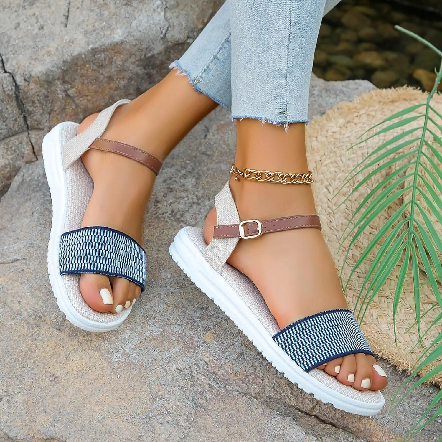 Sandals Women knitted Thick Sole Orthopedic Women's Sandals Summer Dressy Flats Casual Comfortable Platform Sandals