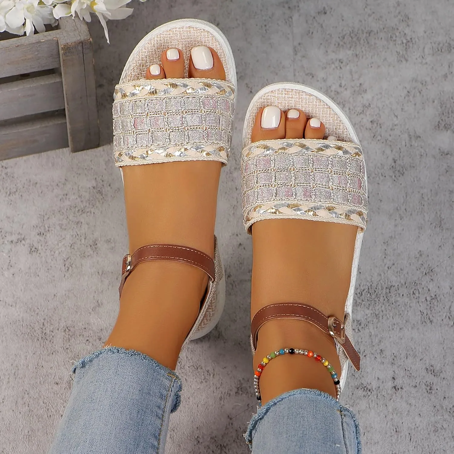 Sandals Women knitted Thick Sole Orthopedic Women's Sandals Summer Dressy Flats Casual Comfortable Platform Sandals