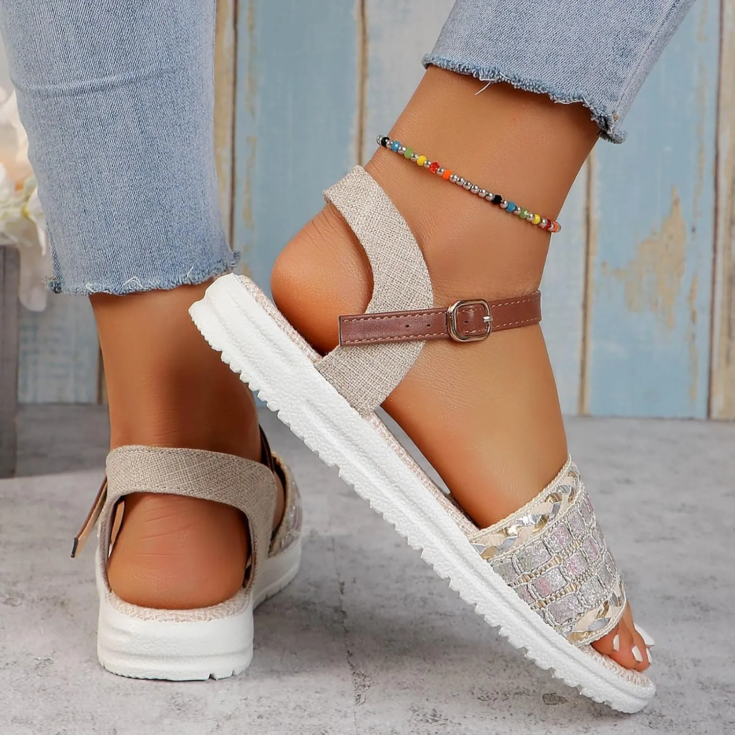 Sandals Women knitted Thick Sole Orthopedic Women's Sandals Summer Dressy Flats Casual Comfortable Platform Sandals