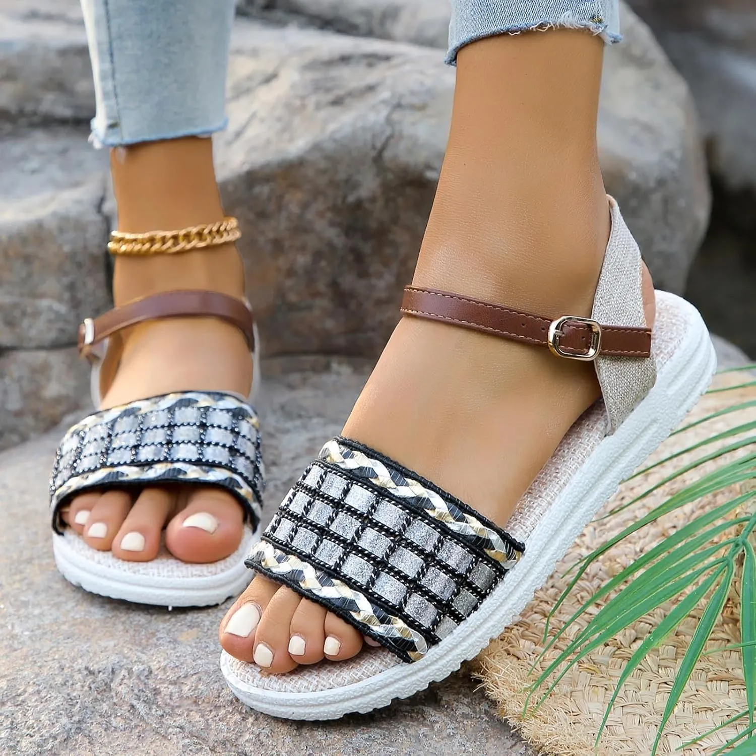 Sandals Women knitted Thick Sole Orthopedic Women's Sandals Summer Dressy Flats Casual Comfortable Platform Sandals