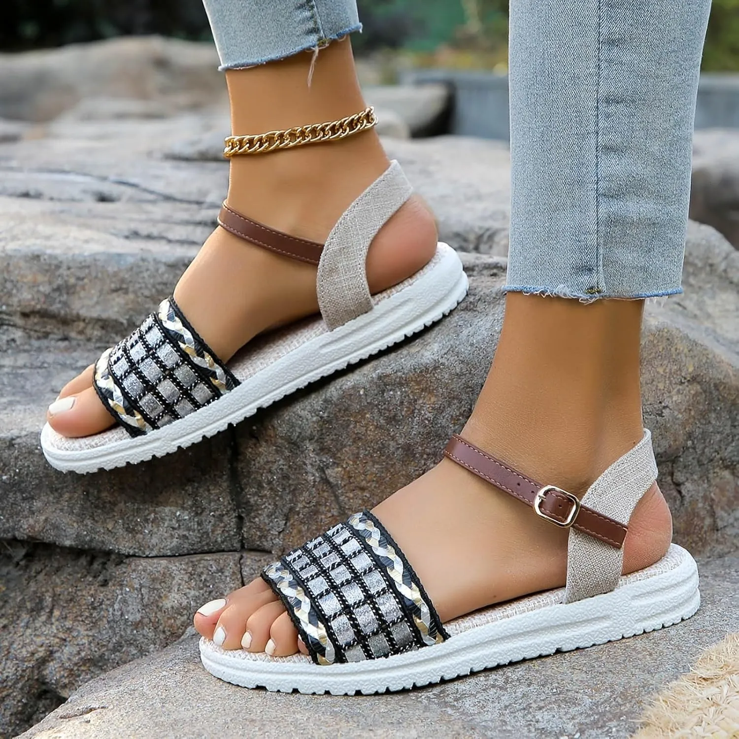 Sandals Women knitted Thick Sole Orthopedic Women's Sandals Summer Dressy Flats Casual Comfortable Platform Sandals