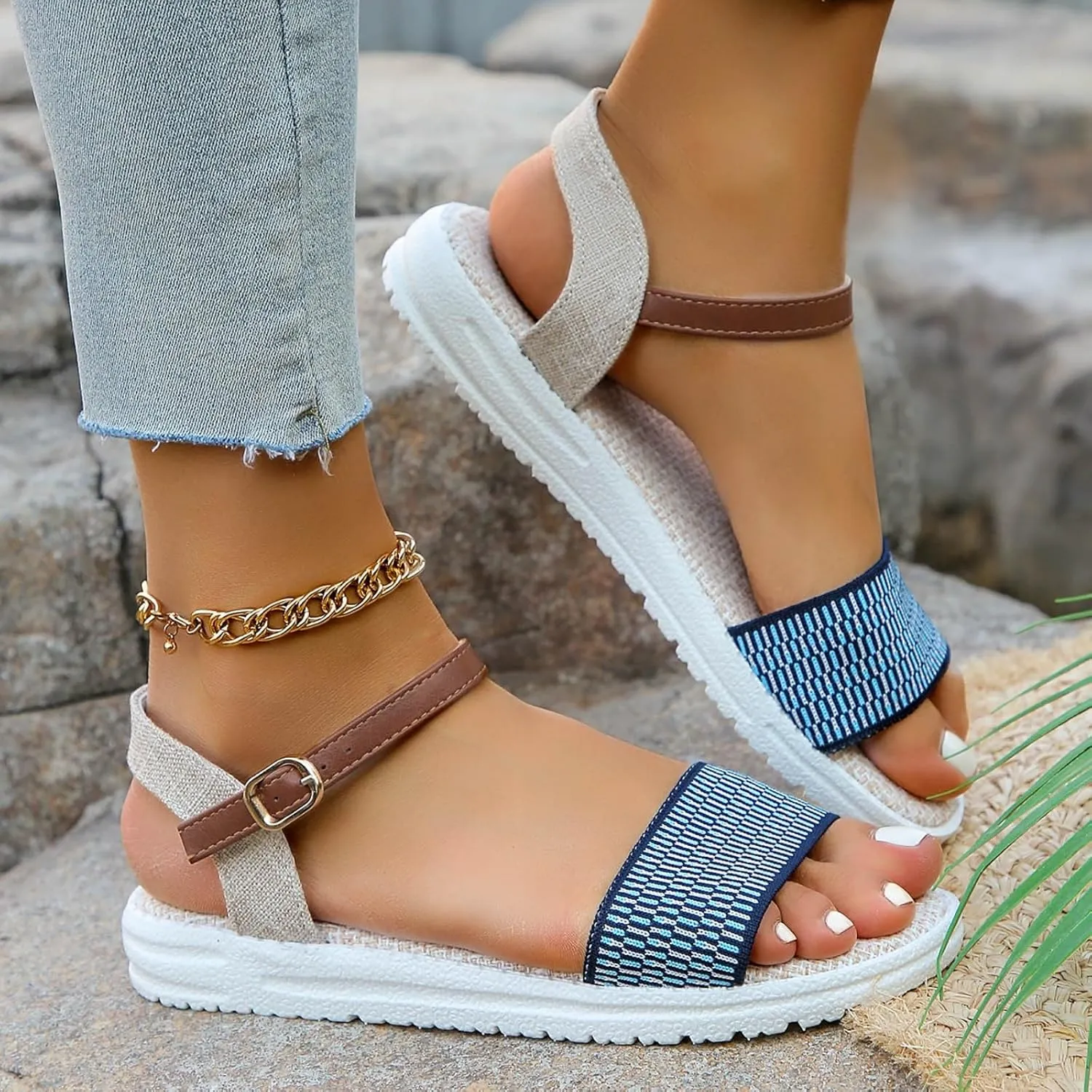 Sandals Women knitted Thick Sole Orthopedic Women's Sandals Summer Dressy Flats Casual Comfortable Platform Sandals