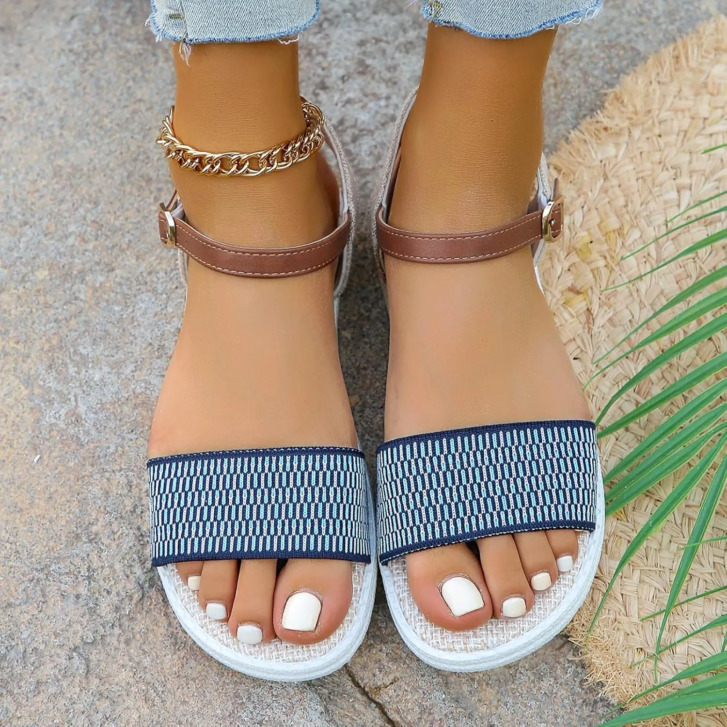 Sandals Women knitted Thick Sole Orthopedic Women's Sandals Summer Dressy Flats Casual Comfortable Platform Sandals