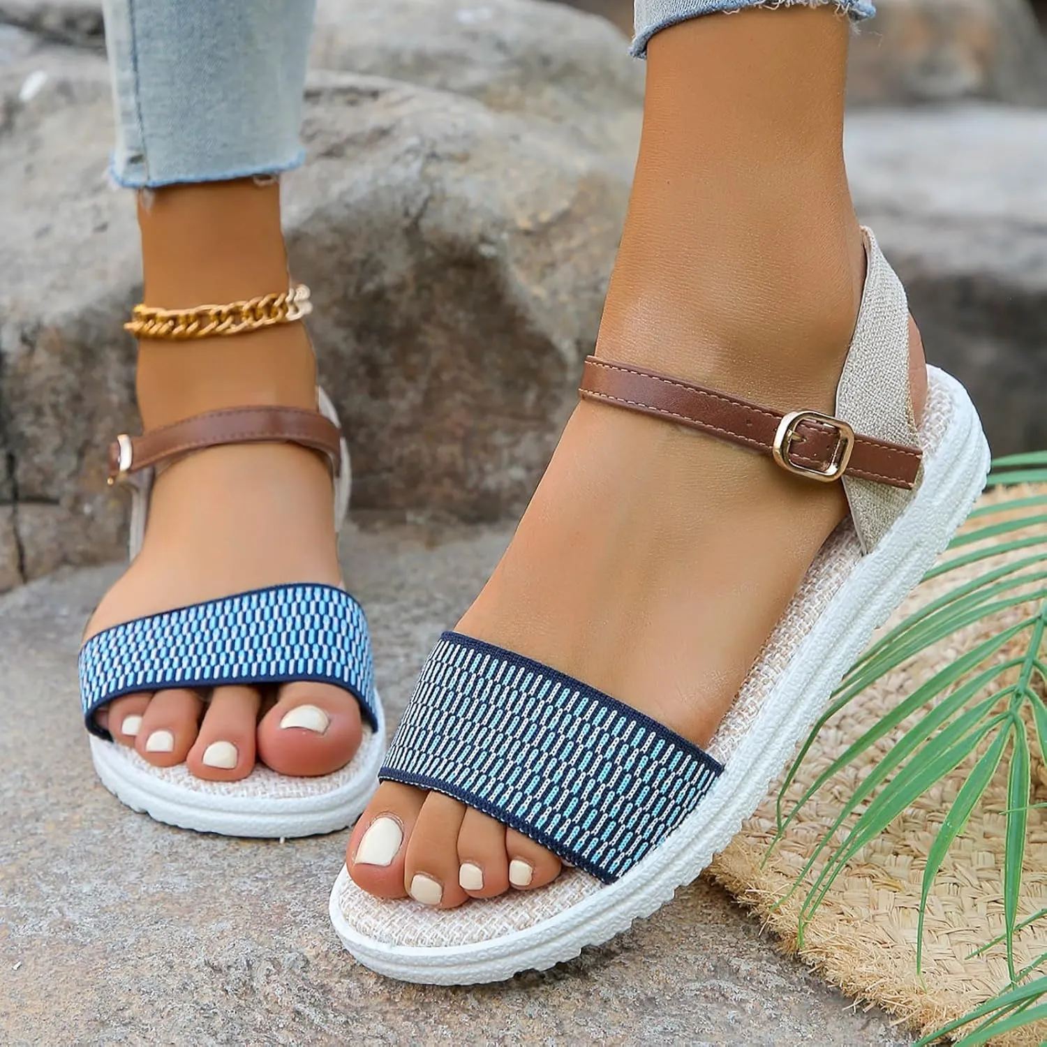 Sandals Women knitted Thick Sole Orthopedic Women's Sandals Summer Dressy Flats Casual Comfortable Platform Sandals