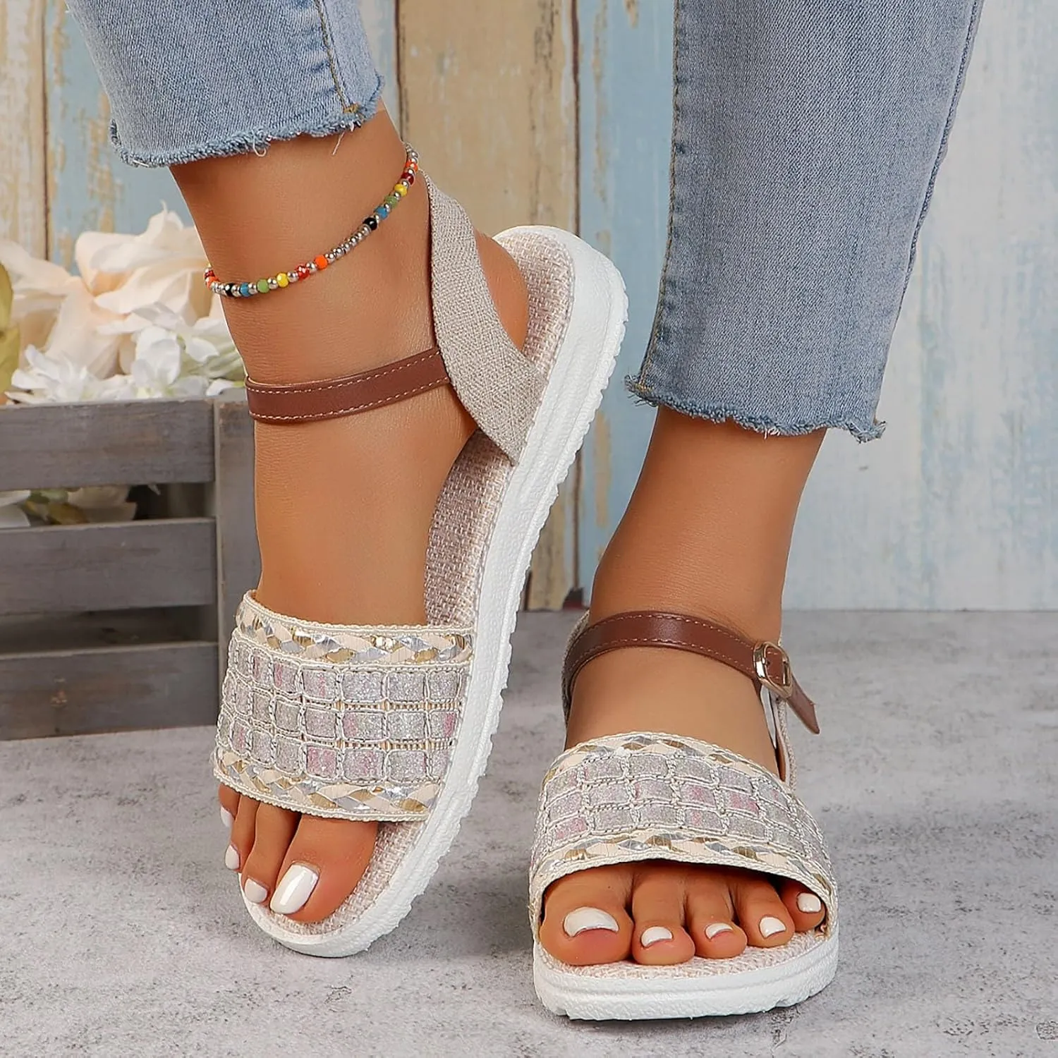 Sandals Women knitted Thick Sole Orthopedic Women's Sandals Summer Dressy Flats Casual Comfortable Platform Sandals