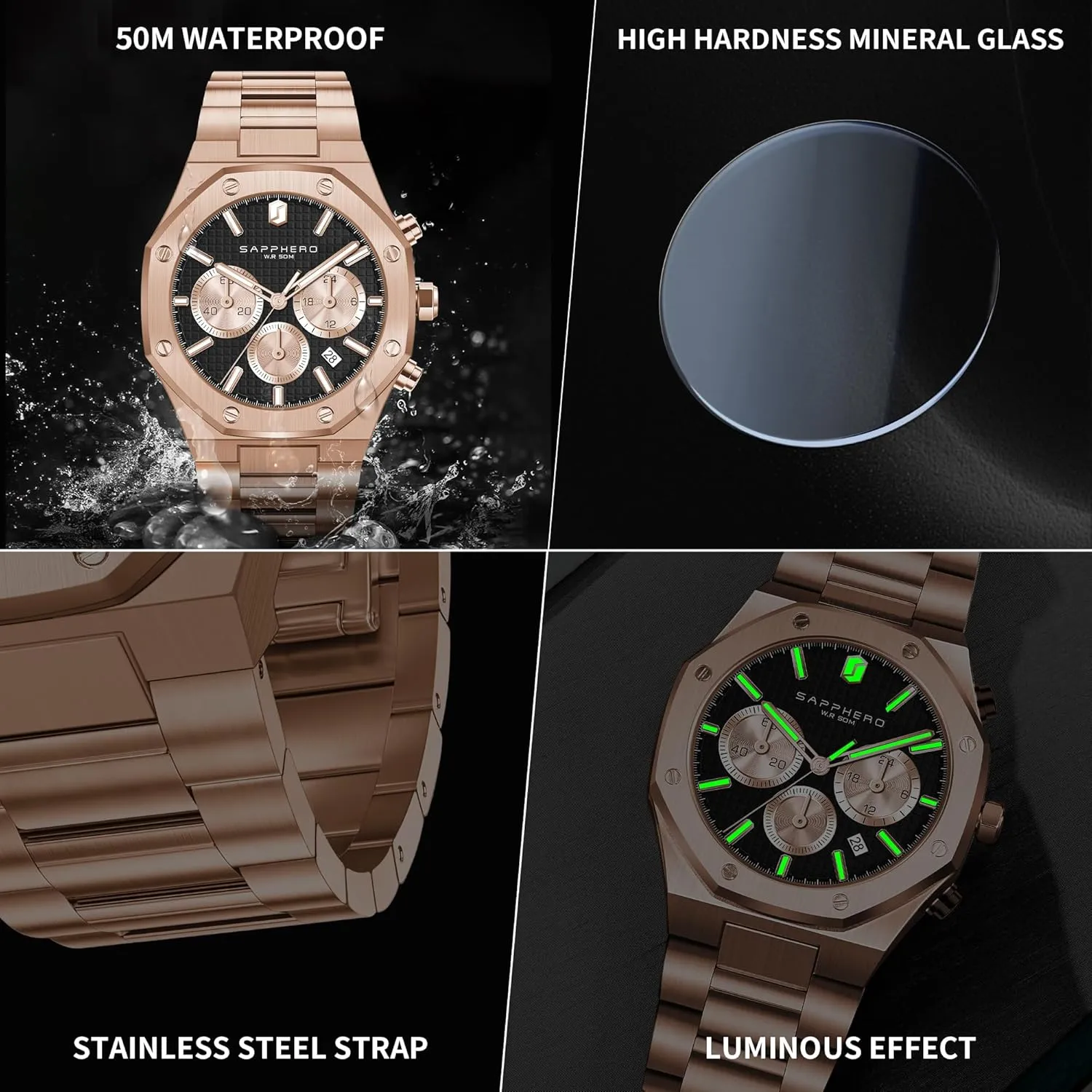 SAPPHERO Mens Watches Luxury 50M Waterproof Men's Wrist Watch Business Date Sport time Fashion Stainless Steel Strap Watches for Men