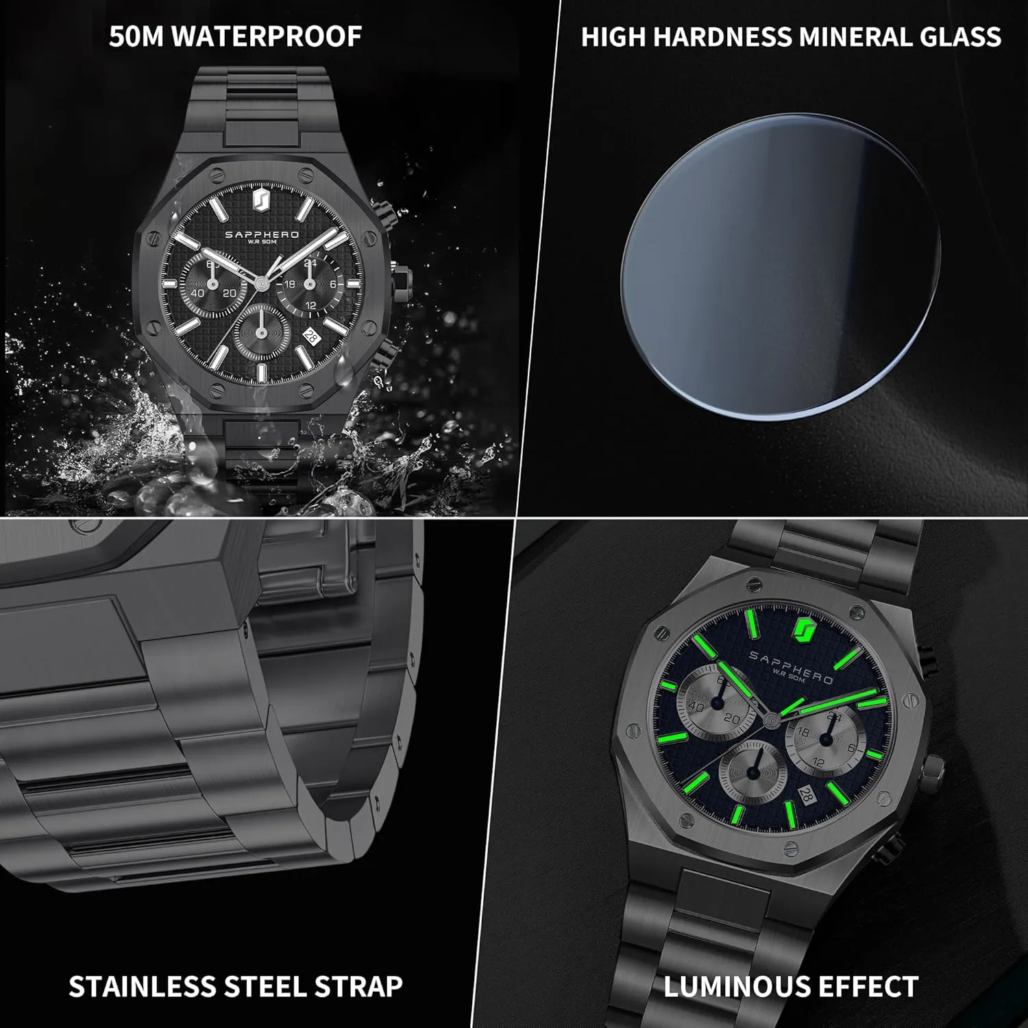 SAPPHERO Mens Watches Luxury 50M Waterproof Men's Wrist Watch Business Date Sport time Fashion Stainless Steel Strap Watches for Men