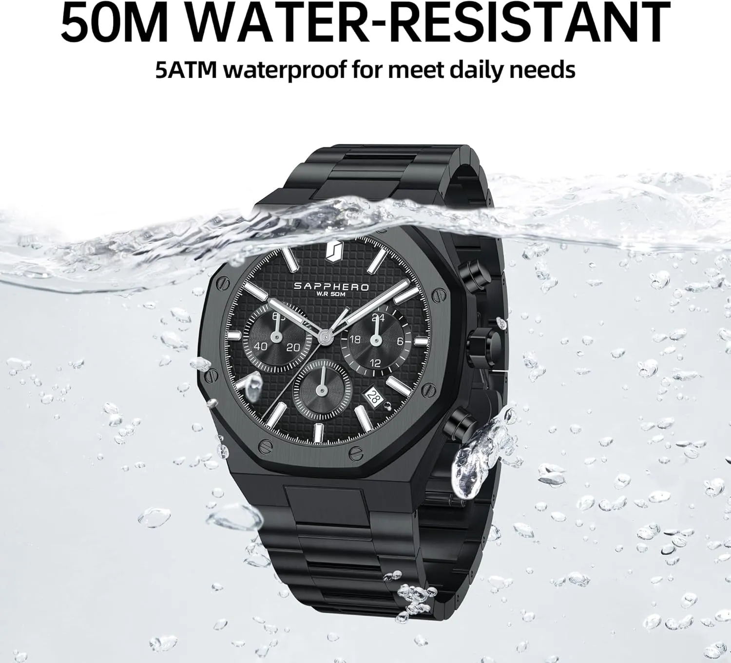 SAPPHERO Mens Watches Luxury 50M Waterproof Men's Wrist Watch Business Date Sport time Fashion Stainless Steel Strap Watches for Men