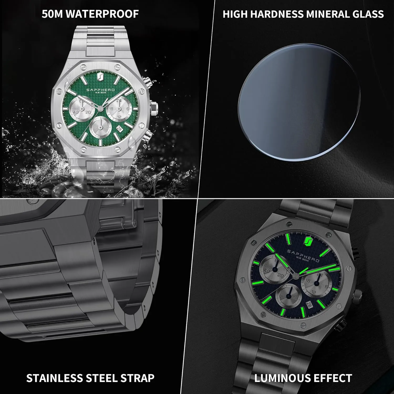 SAPPHERO Mens Watches Luxury 50M Waterproof Men's Wrist Watch Business Date Sport time Fashion Stainless Steel Strap Watches for Men