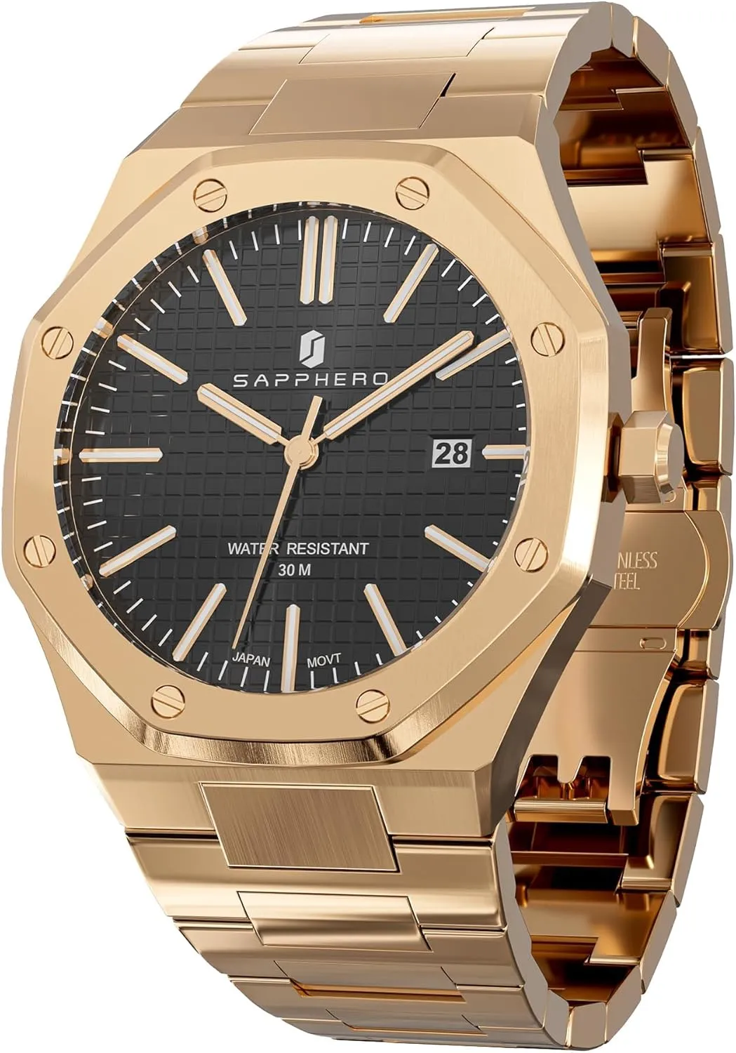 SAPPHERO Watches Men Octagonal Stainless Steel Waterproof Analog Japanese Quartz Wrist Watch Luminous Date Classic Business Luxury Watches for Men Elegant Gifts