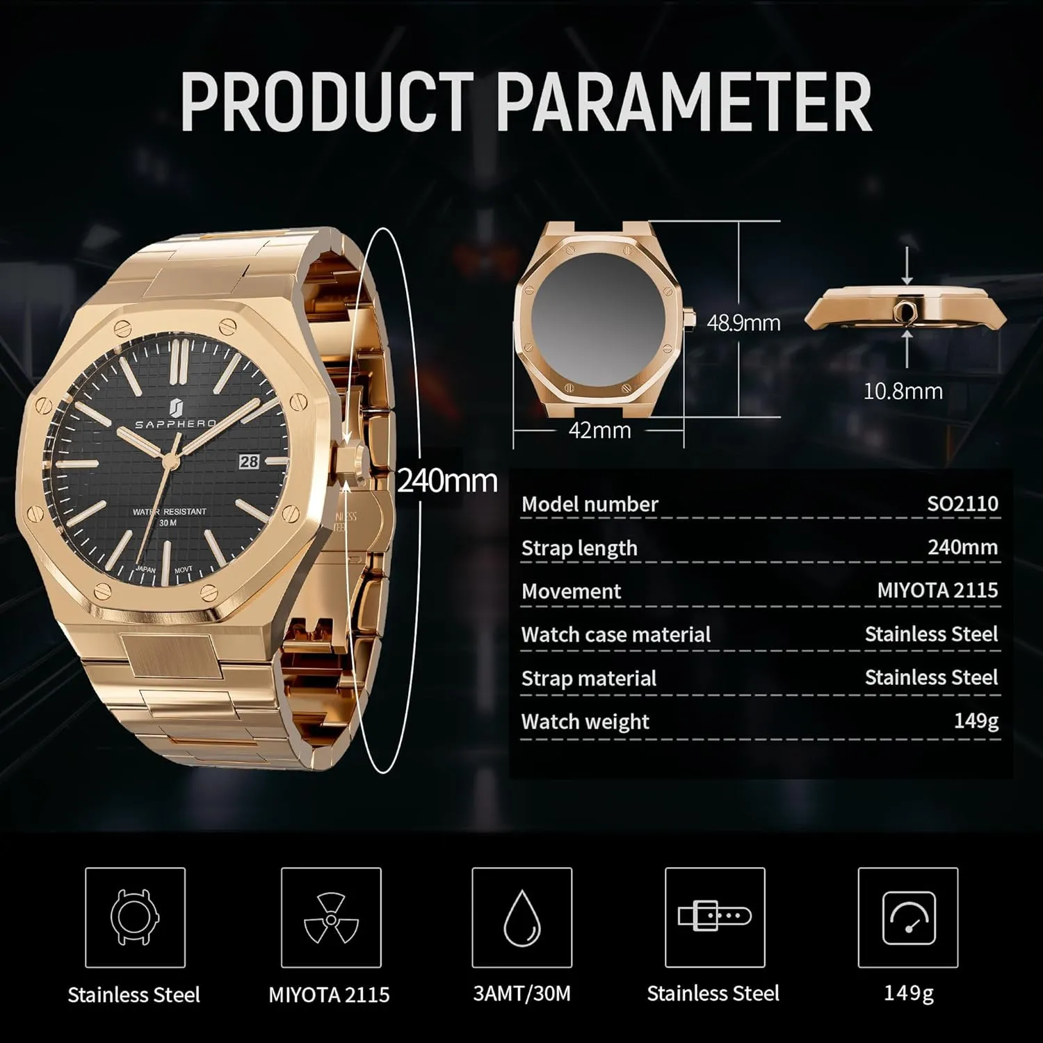 SAPPHERO Watches Men Octagonal Stainless Steel Waterproof Analog Japanese Quartz Wrist Watch Luminous Date Classic Business Luxury Watches for Men Elegant Gifts