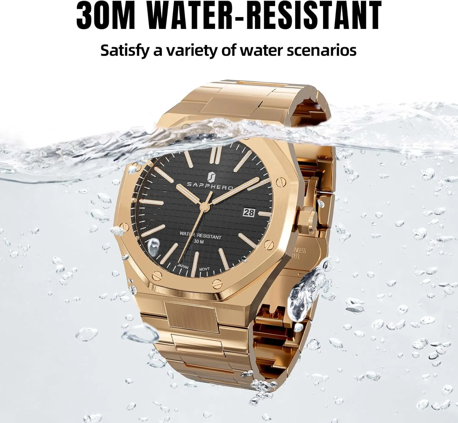 SAPPHERO Watches Men Octagonal Stainless Steel Waterproof Analog Japanese Quartz Wrist Watch Luminous Date Classic Business Luxury Watches for Men Elegant Gifts