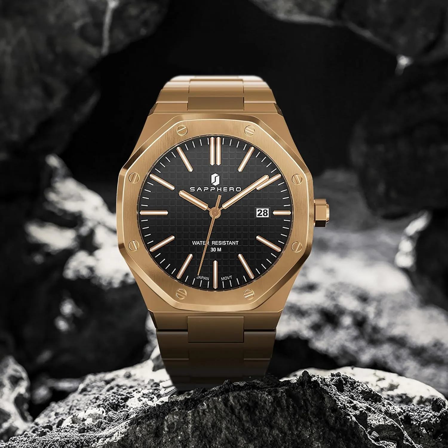 SAPPHERO Watches Men Octagonal Stainless Steel Waterproof Analog Japanese Quartz Wrist Watch Luminous Date Classic Business Luxury Watches for Men Elegant Gifts