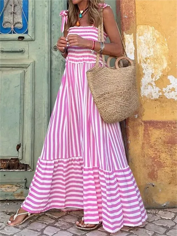 Sastianaen Women Y2k Boho Maxi Dress Striped Print Cami Long Dress Summer Holiday Beach Smocked Sundress