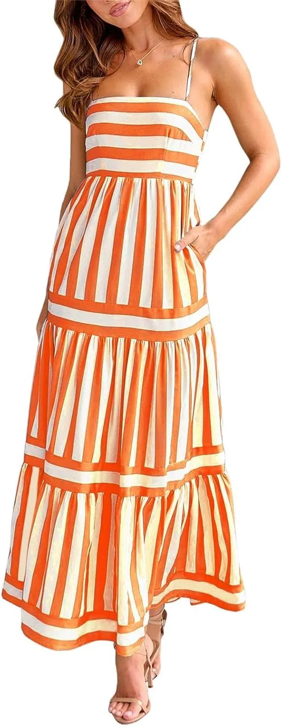 Sastianaen Women Y2k Boho Maxi Dress Striped Print Cami Long Dress Summer Holiday Beach Smocked Sundress