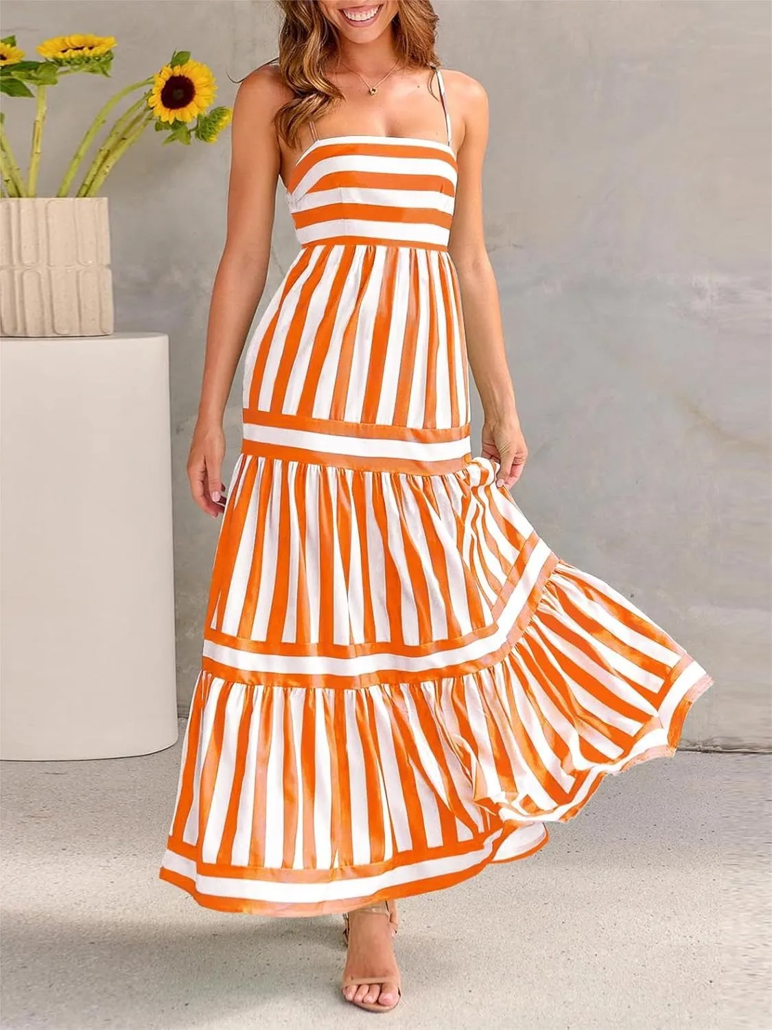 Sastianaen Women Y2k Boho Maxi Dress Striped Print Cami Long Dress Summer Holiday Beach Smocked Sundress