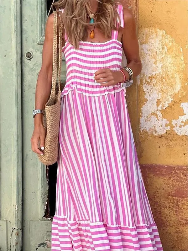 Sastianaen Women Y2k Boho Maxi Dress Striped Print Cami Long Dress Summer Holiday Beach Smocked Sundress