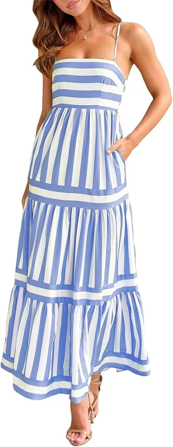 Sastianaen Women Y2k Boho Maxi Dress Striped Print Cami Long Dress Summer Holiday Beach Smocked Sundress