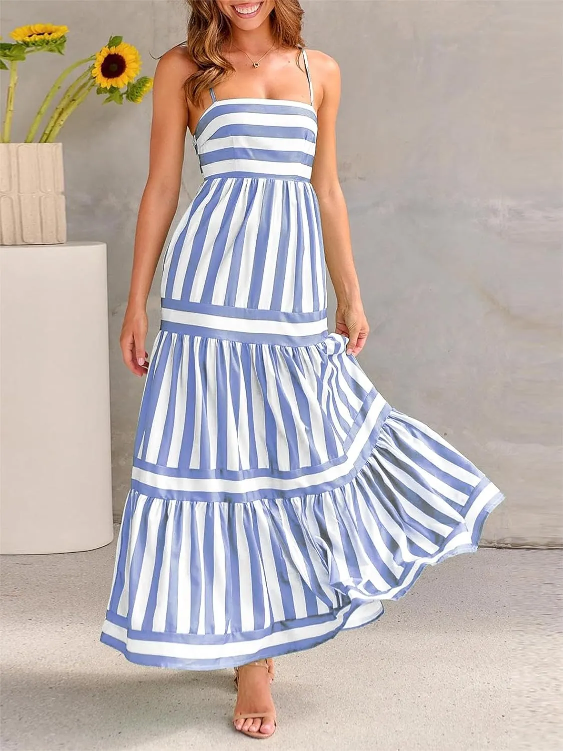 Sastianaen Women Y2k Boho Maxi Dress Striped Print Cami Long Dress Summer Holiday Beach Smocked Sundress
