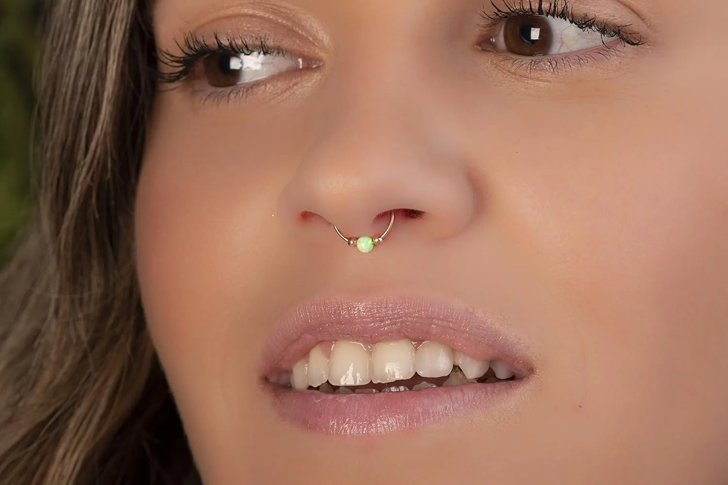 Septum Ring For Women 20 Gauge Septum Hoop 14k Gold Filled, Green Opal Septum Piercing Rings Thin Nose Jewelry Hoops