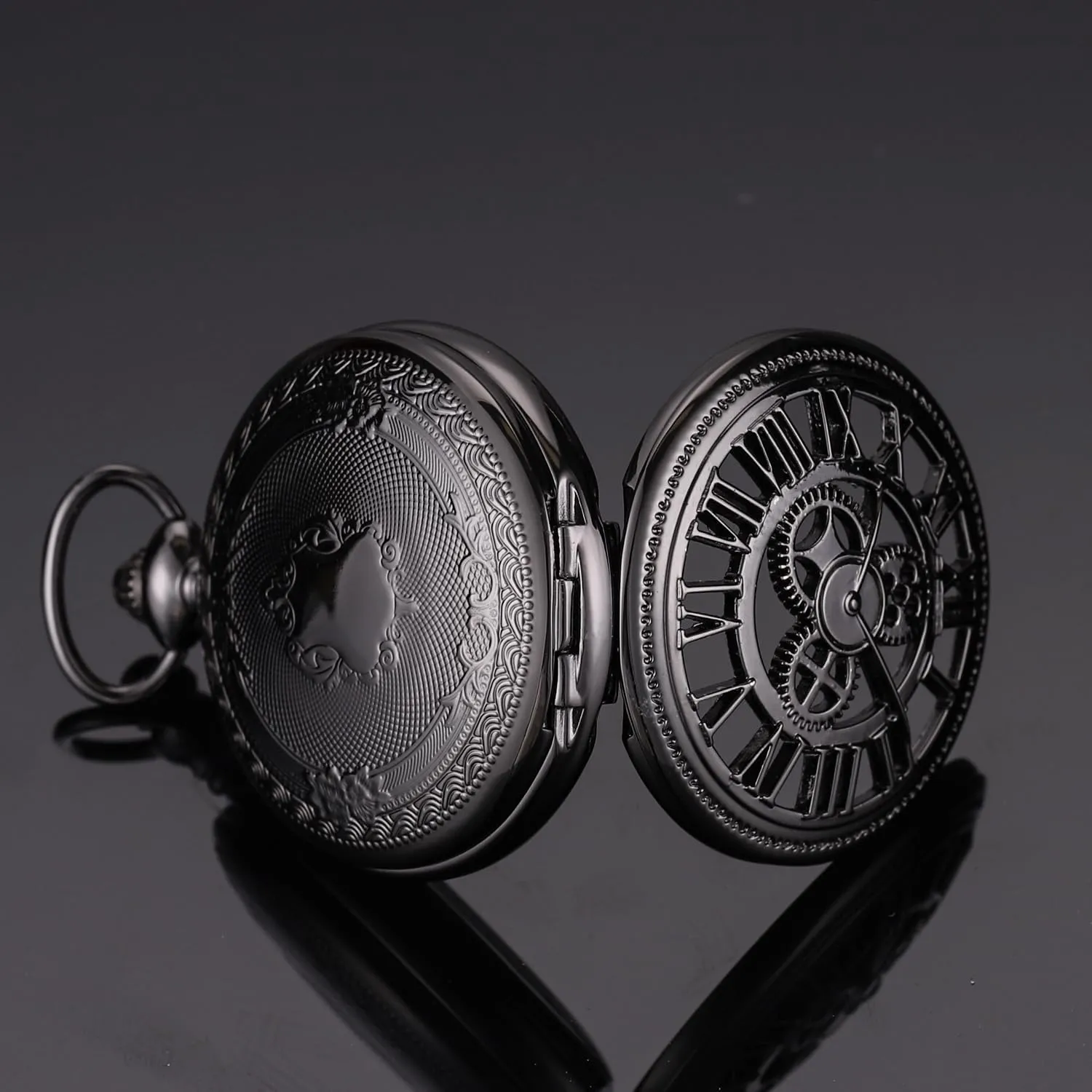 SIBOSUN Pocket Watch Skeleton Mechanical Double Case Hand-Wind Roman Numerals Antique Chain Mens