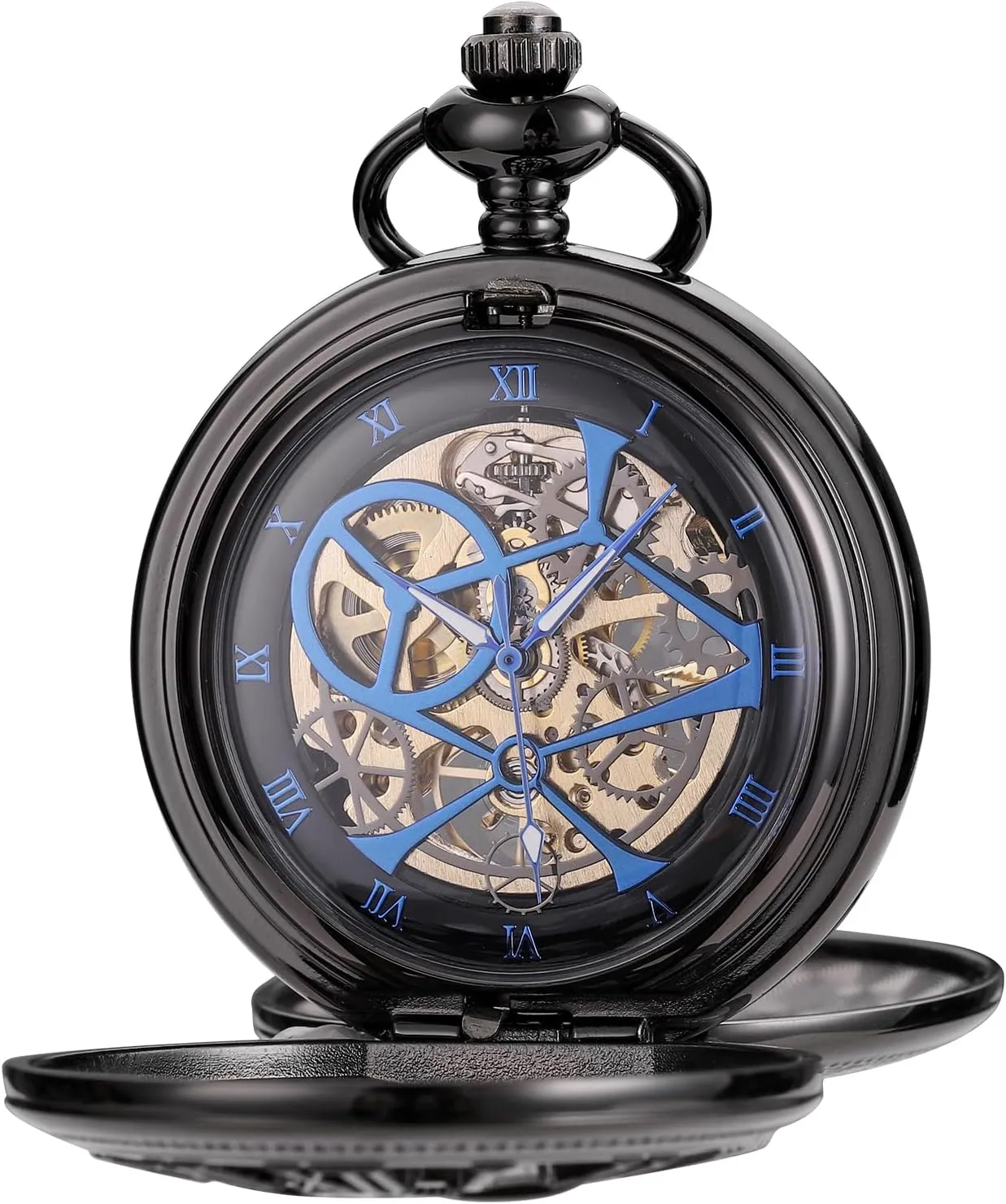SIBOSUN Pocket Watch Skeleton Mechanical Double Case Hand-Wind Roman Numerals Antique Chain Mens