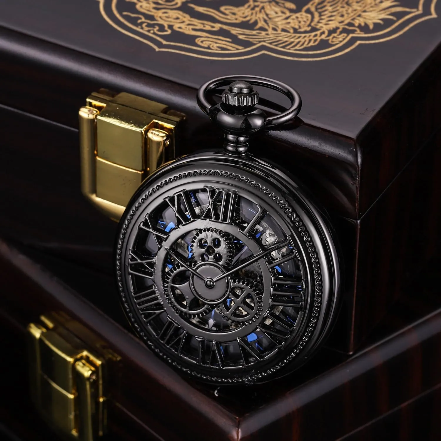 SIBOSUN Pocket Watch Skeleton Mechanical Double Case Hand-Wind Roman Numerals Antique Chain Mens