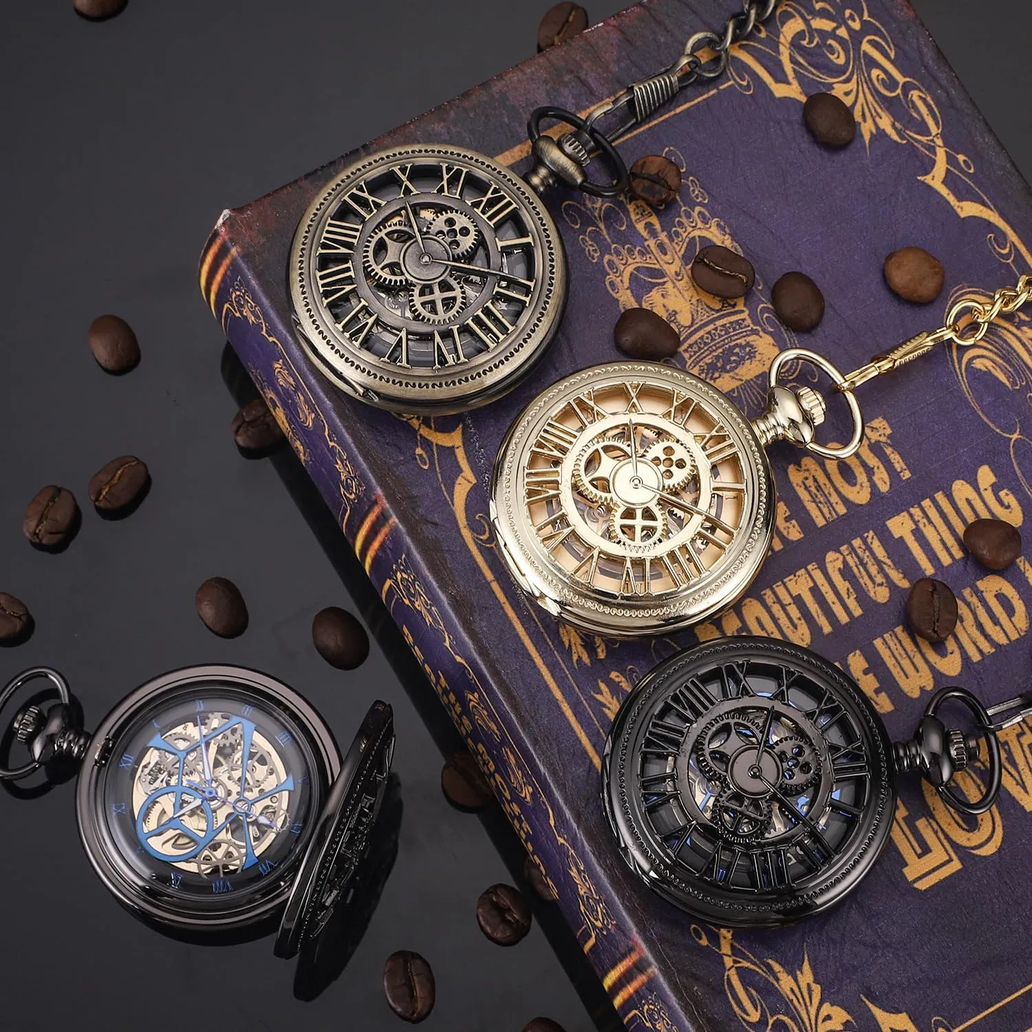 SIBOSUN Pocket Watch Skeleton Mechanical Double Case Hand-Wind Roman Numerals Antique Chain Mens