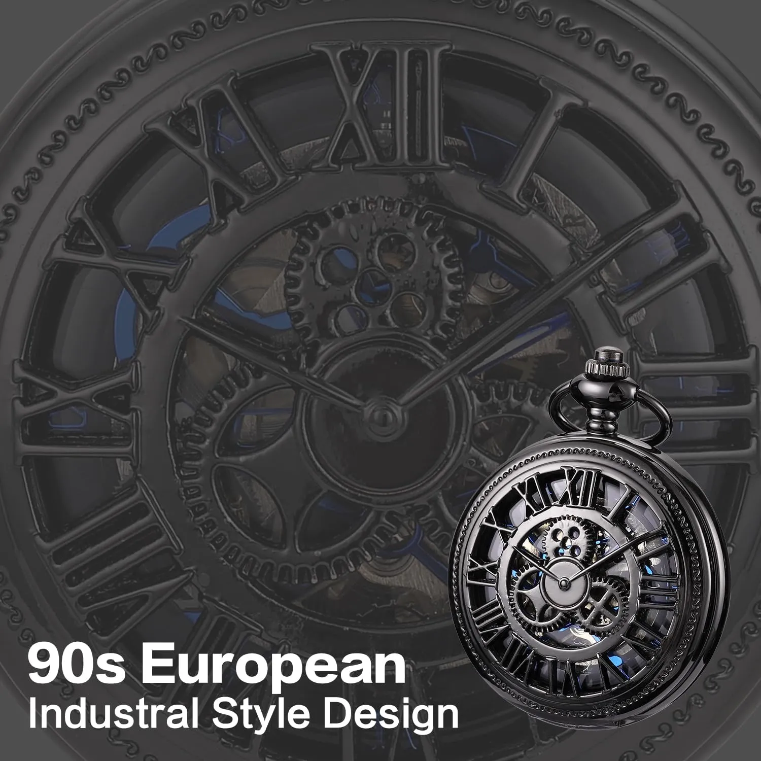 SIBOSUN Pocket Watch Skeleton Mechanical Double Case Hand-Wind Roman Numerals Antique Chain Mens