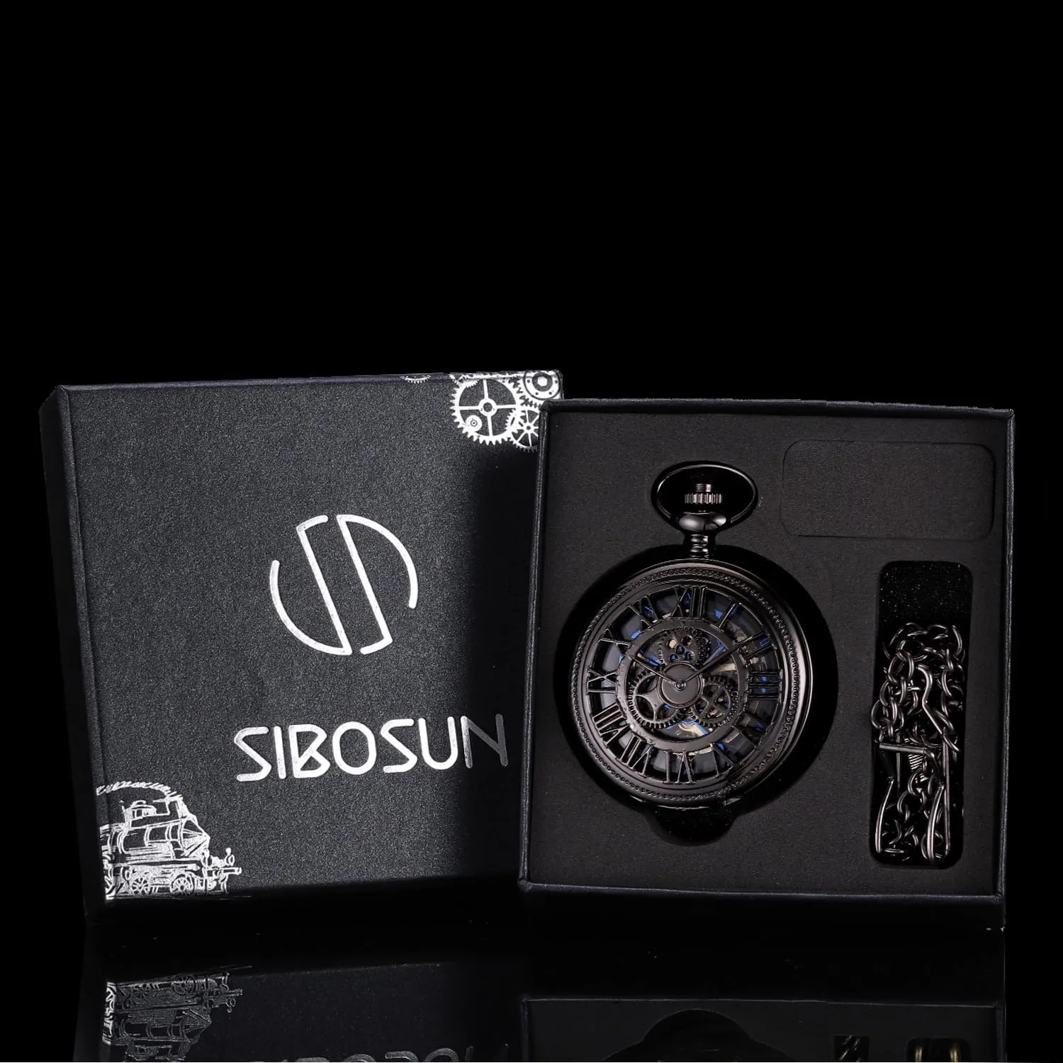 SIBOSUN Pocket Watch Skeleton Mechanical Double Case Hand-Wind Roman Numerals Antique Chain Mens