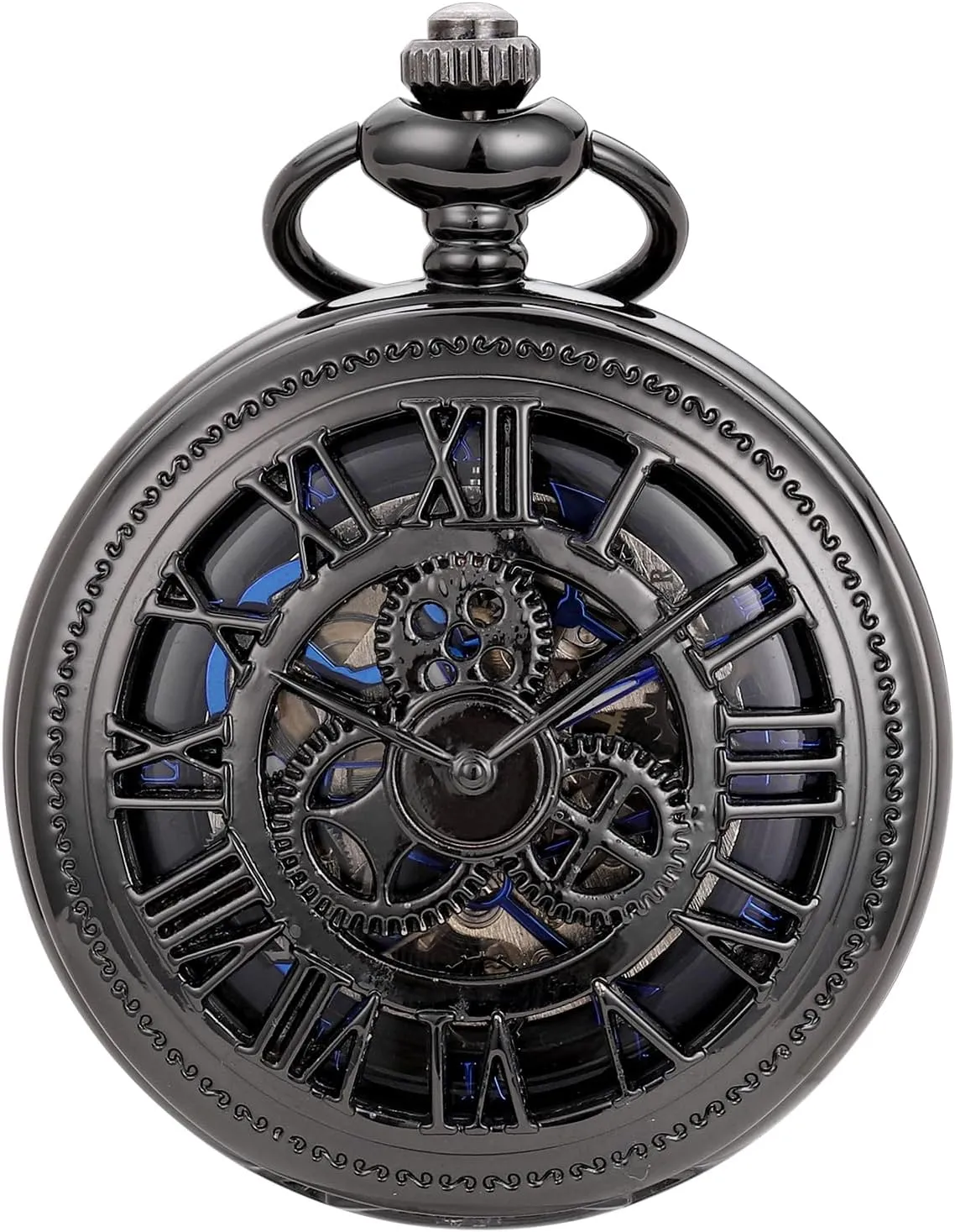 SIBOSUN Pocket Watch Skeleton Mechanical Double Case Hand-Wind Roman Numerals Antique Chain Mens