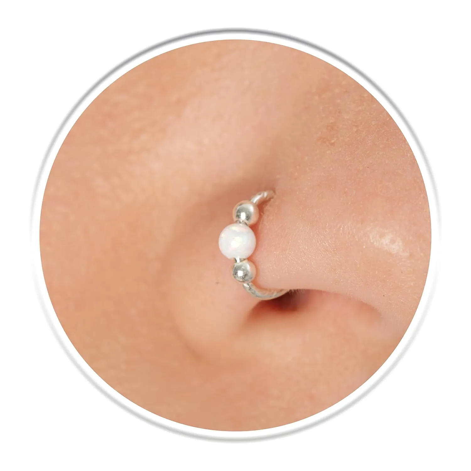 Silver Nose Ring 20 Gauge - Nose Piercing Jewelry With White Opal - 20g Silver Nose Ring Unisex Use Women Men - 8mm Diameter 0.3 Inches Nose Jewelry